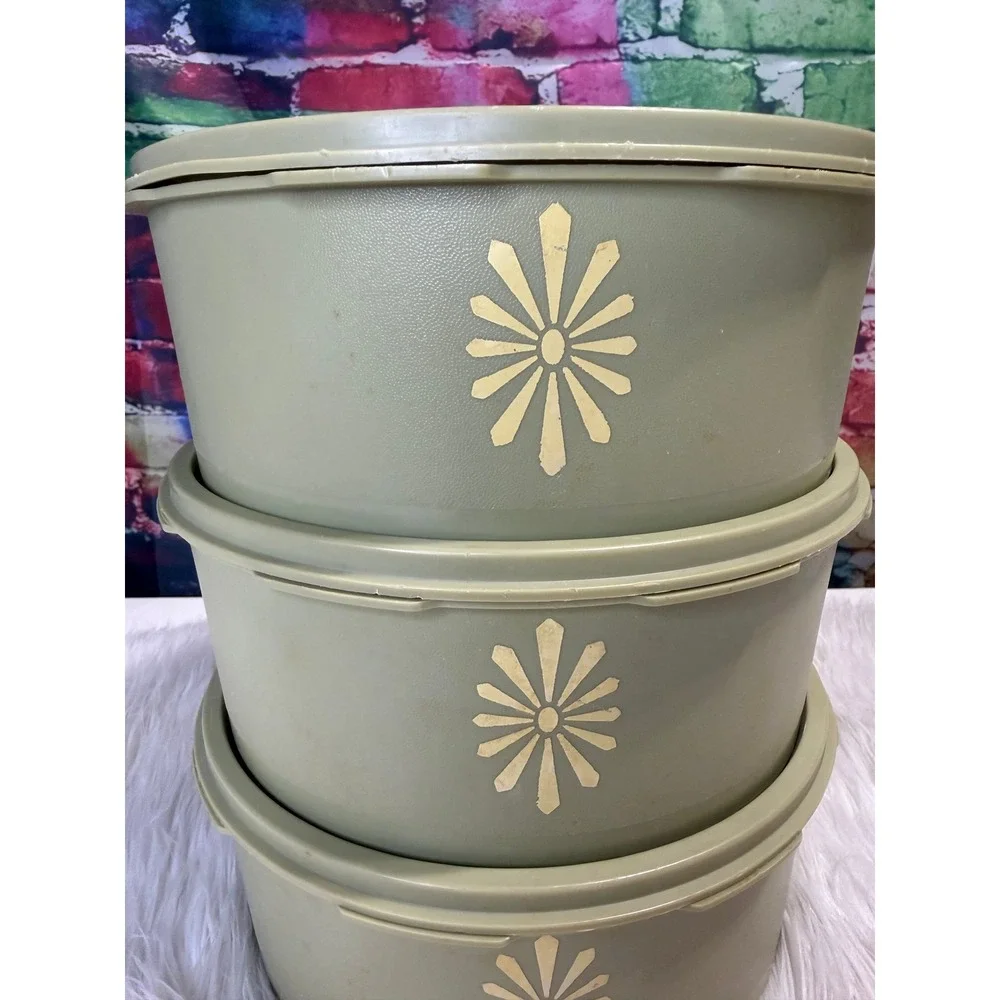 Vintage Tupperware Servalier Set of 3 Avocado Green White Starburst Canisters
